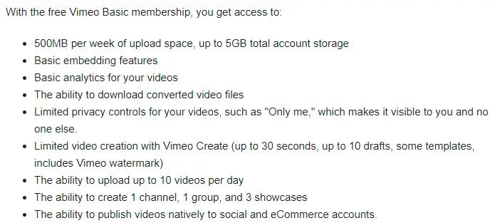 Vimeo detail basic plan